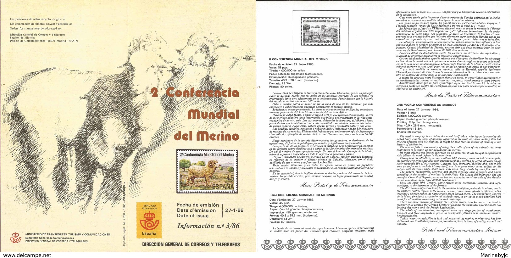 V) 1986 SPAIN, 2ND WORLD CONFERENCE ON MERINOS, FDB - Neufs