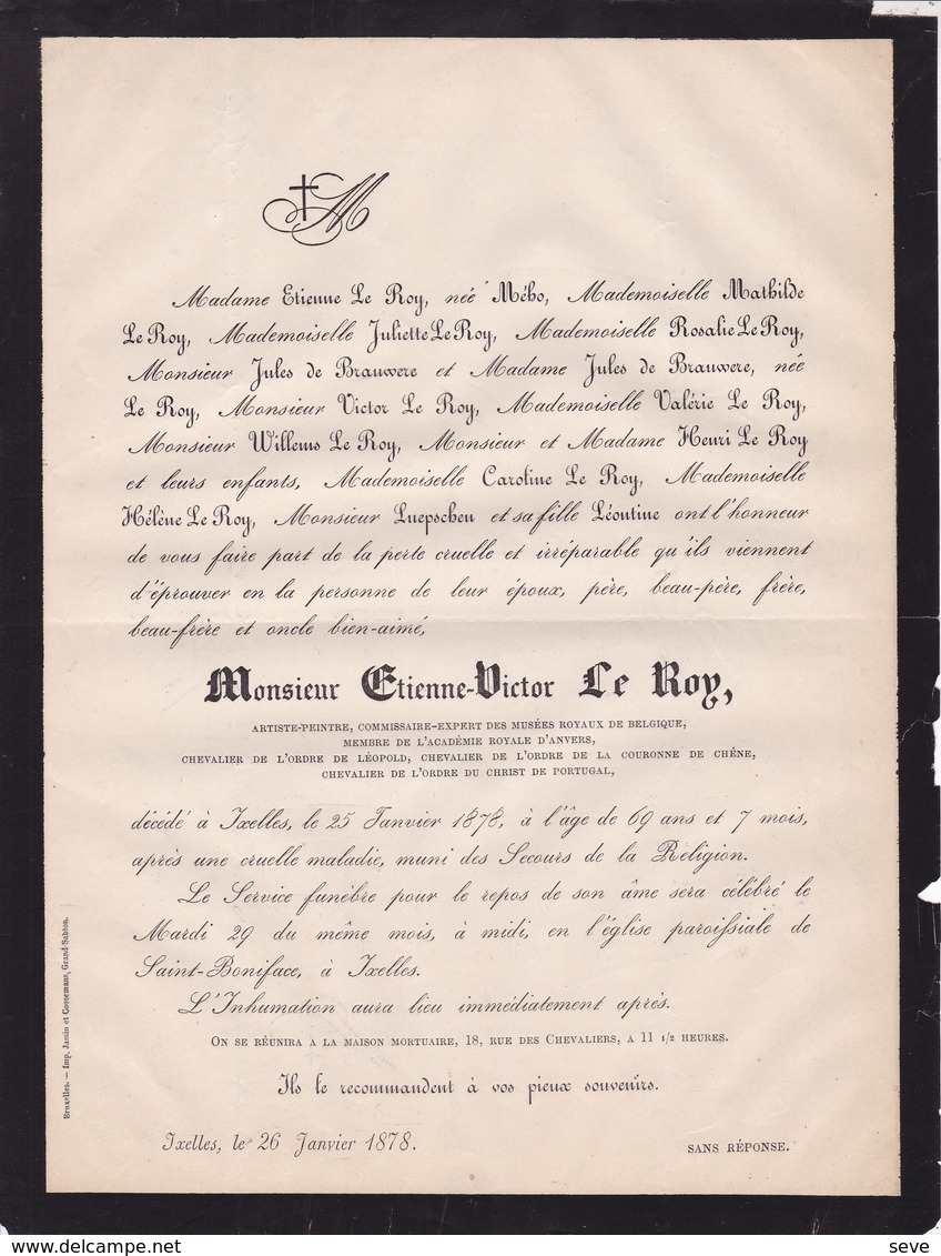 IXELLES Peintre Etienne-Victor LE ROY  68 Ans 1878 Académie Royale D'Anvers Expert Musées Royaux De Belgique - Décès