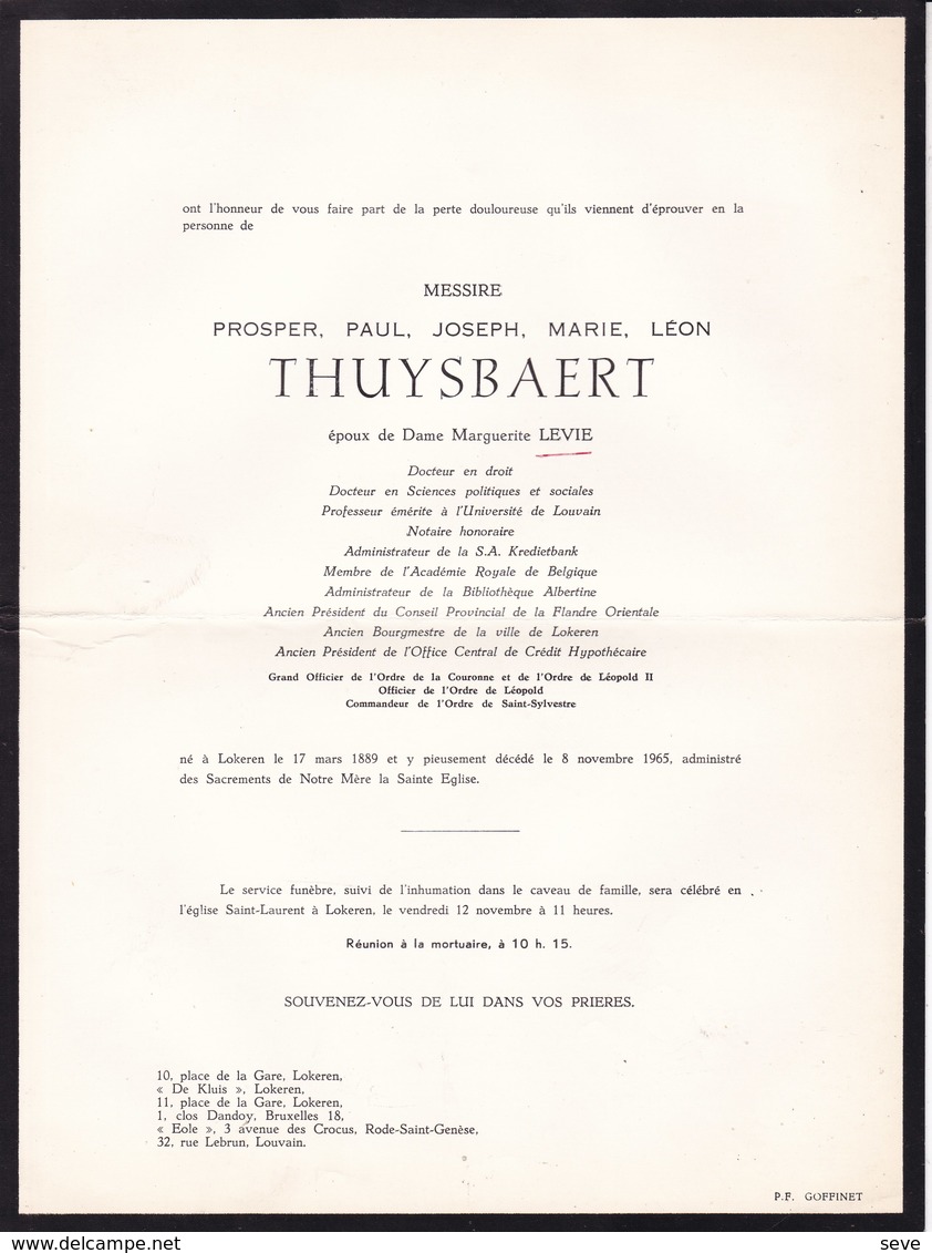 LOKEREN Burgemeester Prosper THUYSBAERT époux LEVIE 1889-1965 Notaire Professeur Louvain Académie Royale 2 Volets Ok - Obituary Notices