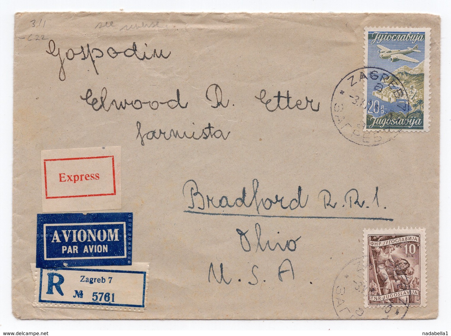 1931 YUGOSLAVIA, CROATIA, ZAGREB TO BRADFORD, OHIO, USA,30 DINAR, REGISTERED LETTER, EXPRESS, AIR MAIL - Covers & Documents