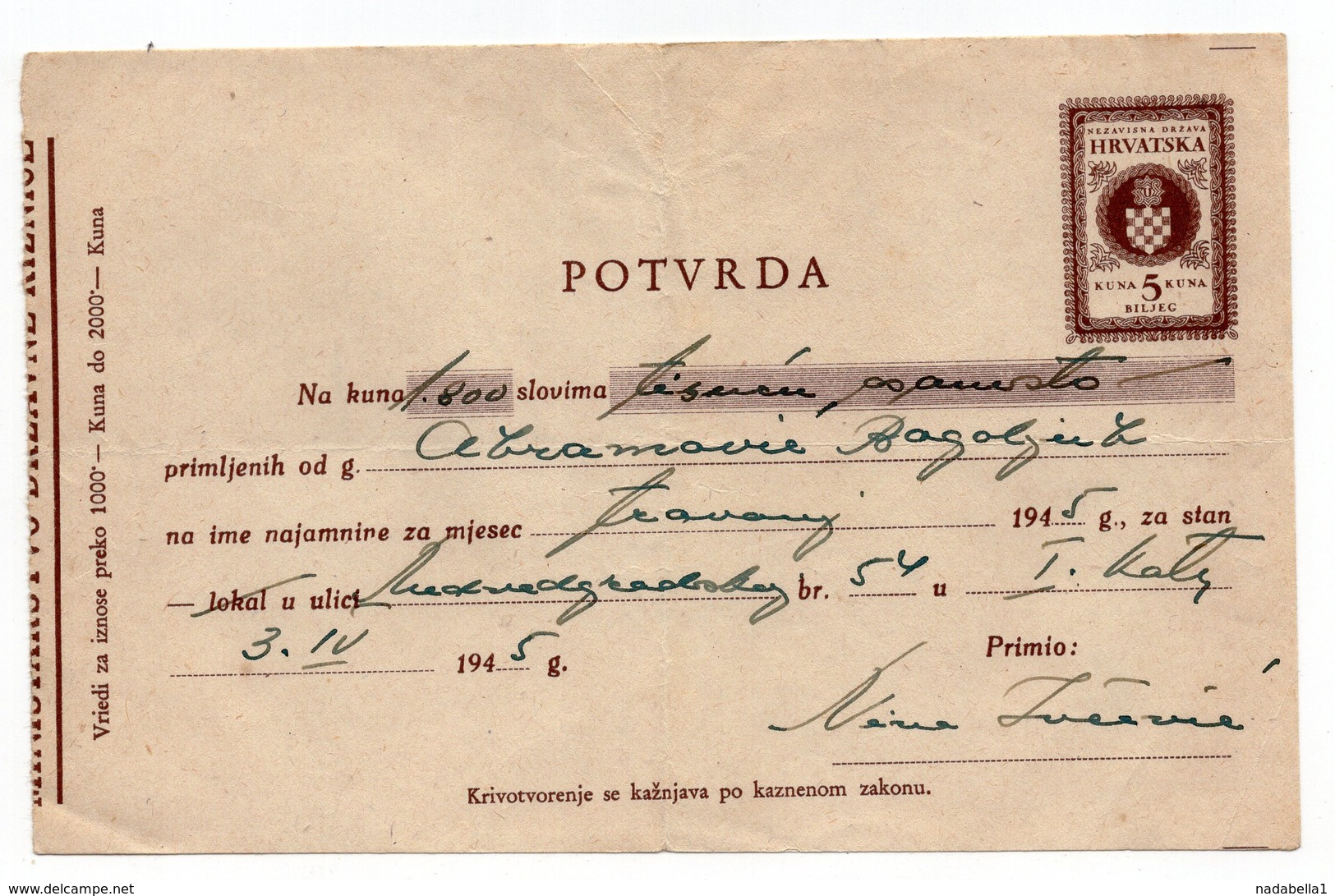 03.04.1945 CROATIA, MONEY RECEIPT FOR FLAT RENT, NDH IMPRINTED FISKAL STAMP - Other & Unclassified