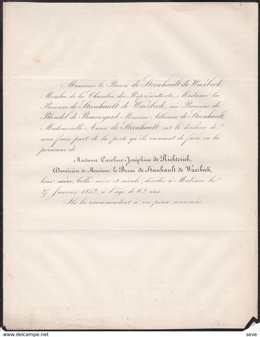 MALINES MECHELEN Caroline De RICHTERICH Veuve Baron De STEENHAULT De WAERBEEK 62 Ans 1852 - Décès