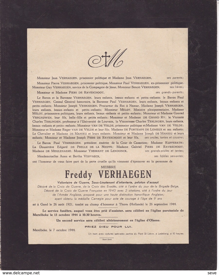 40-45 THORN Hollande 26 Septembre 1944 Freddy VERHAEGEN Sous-Lieutenant Gand 1921 Brigade Belge - Décès