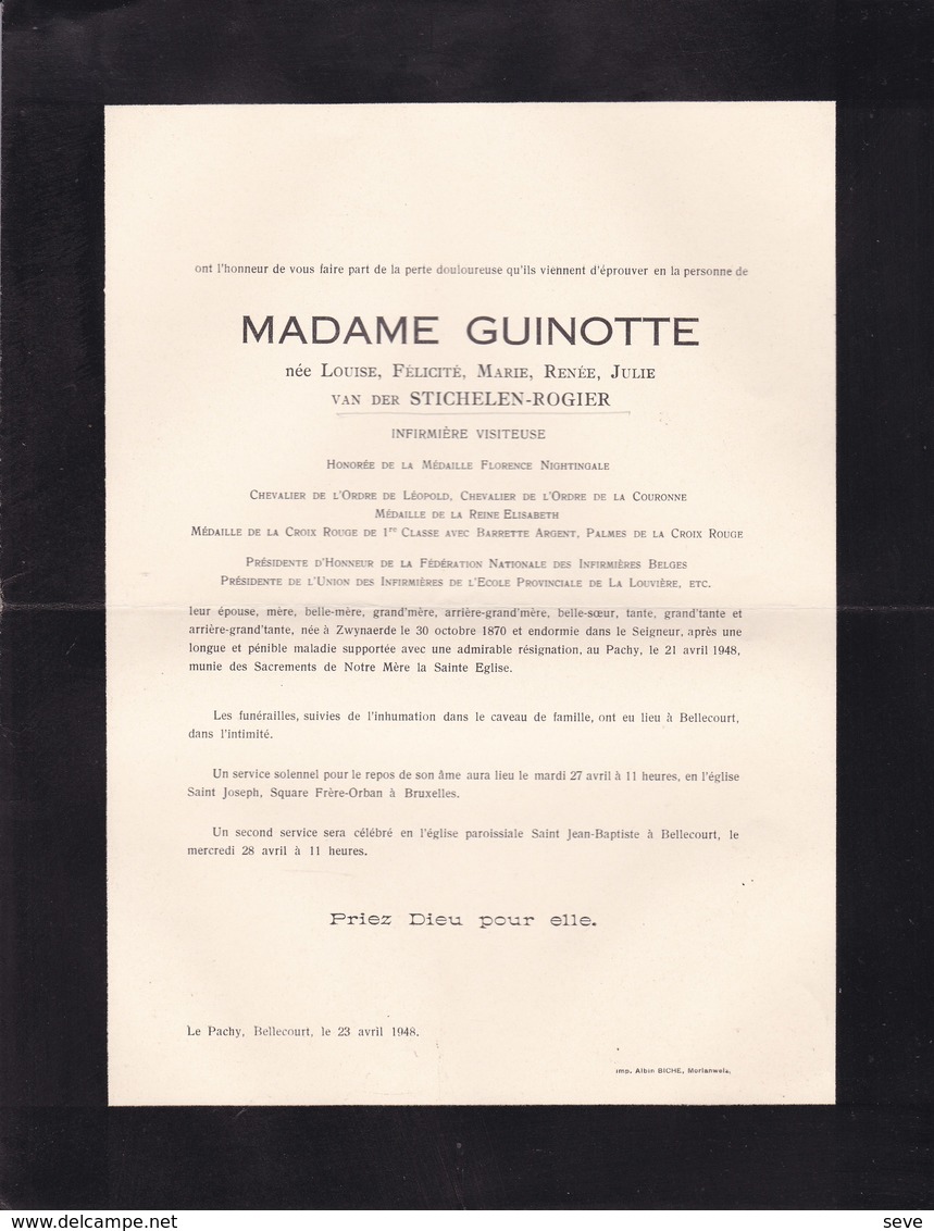 14-18 Médaille De La Reine Elisabeth Louise Van Der STICHELEN épouse GUINOTTE 1870-1946 La Louvière BELLECOURT - Esquela