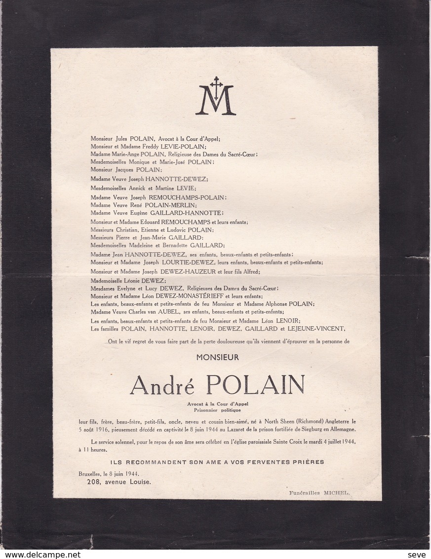 40-45 Prison SIEGBURG Allemagne 8 Juin 1944 Prisonnier Politique Avocat Bruxelles Famille LEVIE DEWEZ - Décès