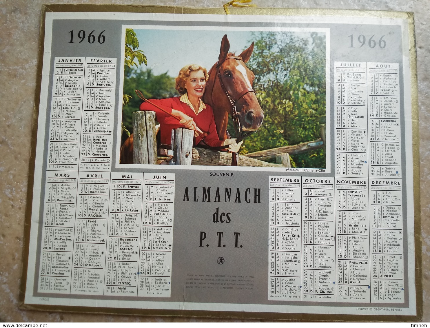 1966 - ALMANACH DES P.T.T OBERTHUR -  LA SEINE - 1966 - SOUVENIR - FEMME ET CHEVAL - Tamaño Grande : 1991-00