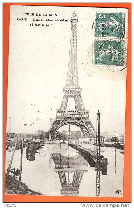 PO-23 Inondations De Paris, Crue De La Seine, Gare Du Champ-de-Mars 18.1.1910, Tour Eiffel Et Reflets Dans L'eau. Circul - Inondations De 1910