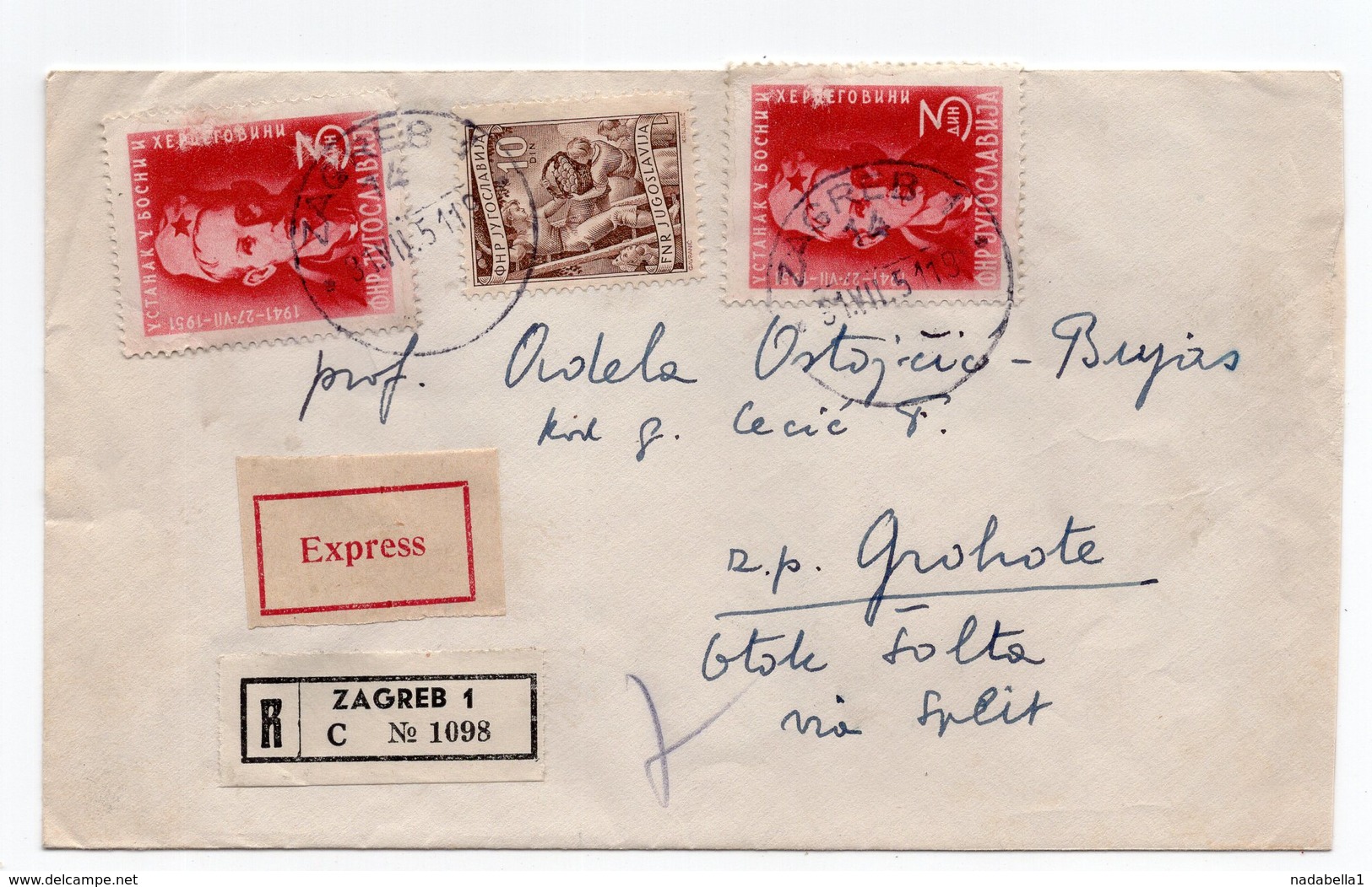 1951 YUGOSLAVIA, CROATIA, ZAGREB TO GROHOTE, SOLTA ISLAND, VIA SPLIT, REGISTERED EXPRESS MAIL - Covers & Documents