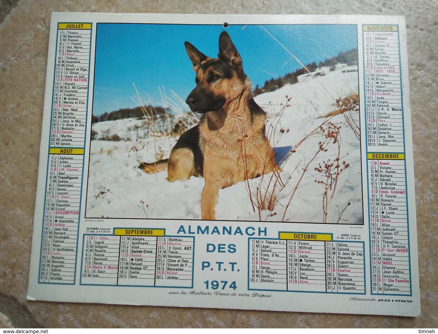 1974 - ALMANACH DES P.T.T CALENDRIERS JEAN LAVIGNE -  91 ESSONNE - 1974 - CAMPAGNE ENFANT & CANETONS - BERGER ALLEMAND - Tamaño Grande : 1971-80