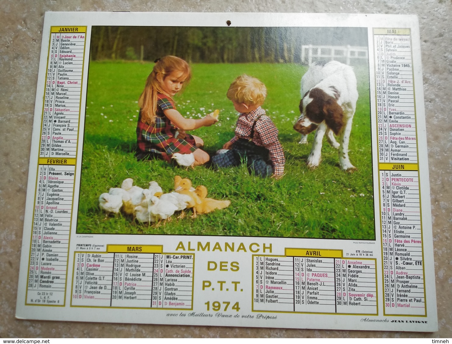 1974 - ALMANACH DES P.T.T CALENDRIERS JEAN LAVIGNE -  91 ESSONNE - 1974 - CAMPAGNE ENFANT & CANETONS - BERGER ALLEMAND - Tamaño Grande : 1971-80