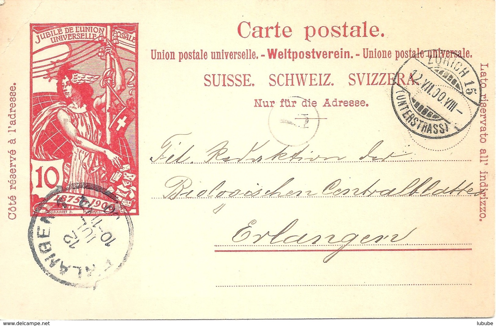 PK 32  Zürich 15 Unterstrass - Erlangen D          1900 - Postwaardestukken