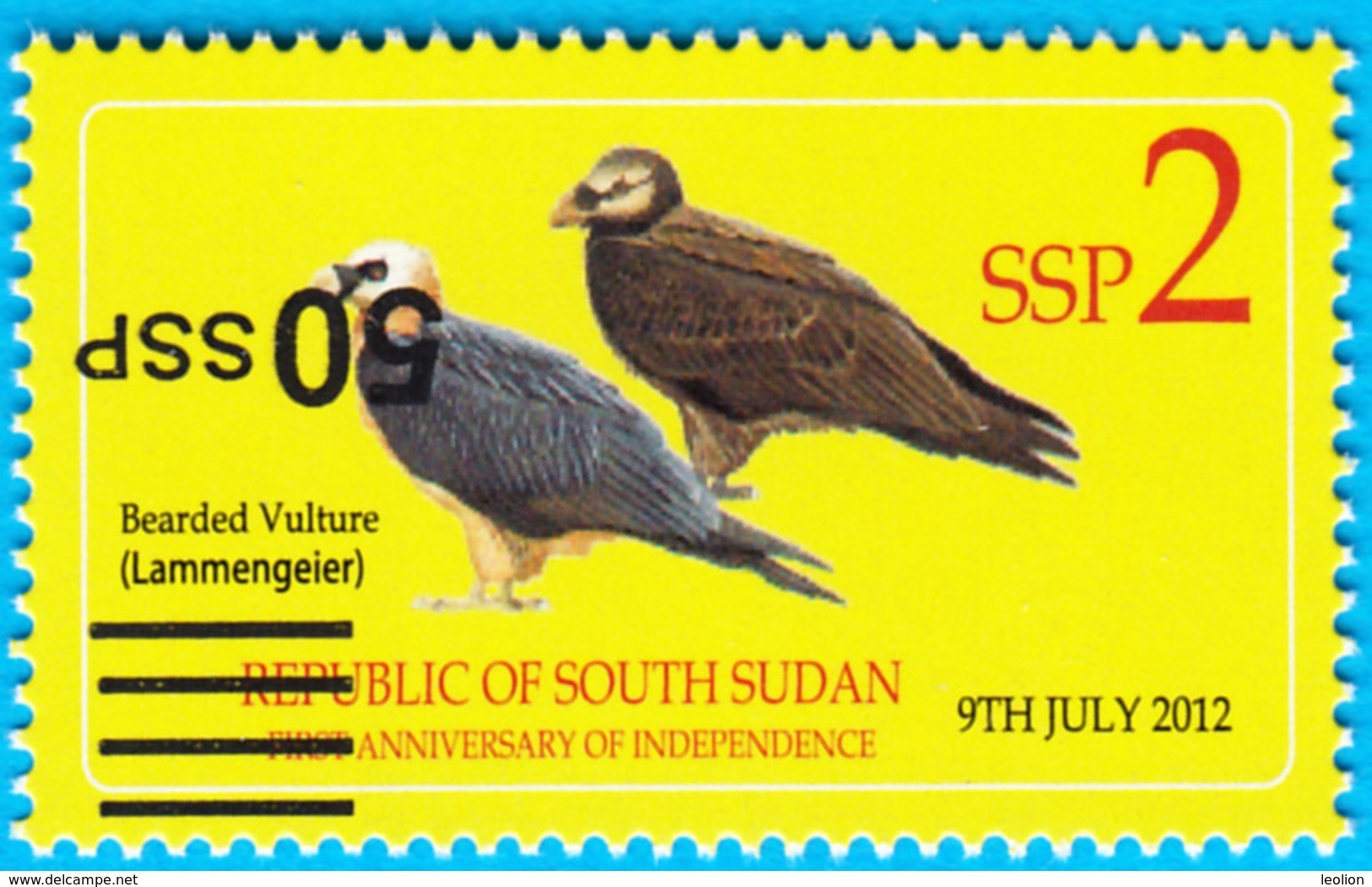 SOUTH SUDAN Stamp ERROR!!! 50 SSP INVERTED Overprint On 2 SSP Birds Bearded Vulture Südsudan Soudan Du Sud - South Sudan