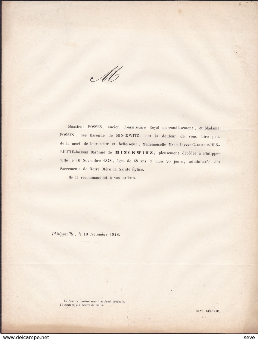 PHLIPPEVILLE Marie-Jeanne Baronne De MINCKWITZ 68 Ans 1848 Famille FOSSES Faire-part Mortuaire - Décès