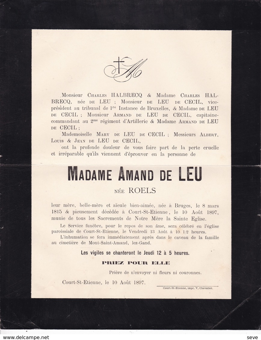 COURT-SAINT-ETIENNE épouse Amand De LEU Née ROELS Bruges 1815 Court 1897 Famille De LEU De CECIL - Décès