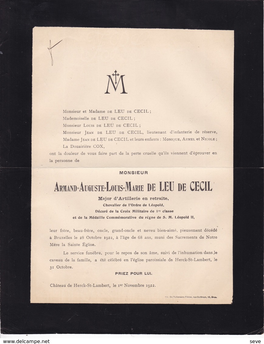 HERCK-SAINT-LAMBERT Armand-Auguste De LEU De CECIL Major D'artillerie 68 Ans 1922 - Décès