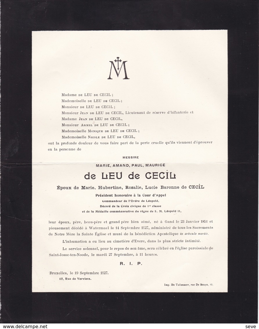 GAND WATERMAEL  Marie Amand De LEU De CECIL Major D'artillerie 1851-1927 époux Marie Baronne De CECIL Cour D'appel - Décès