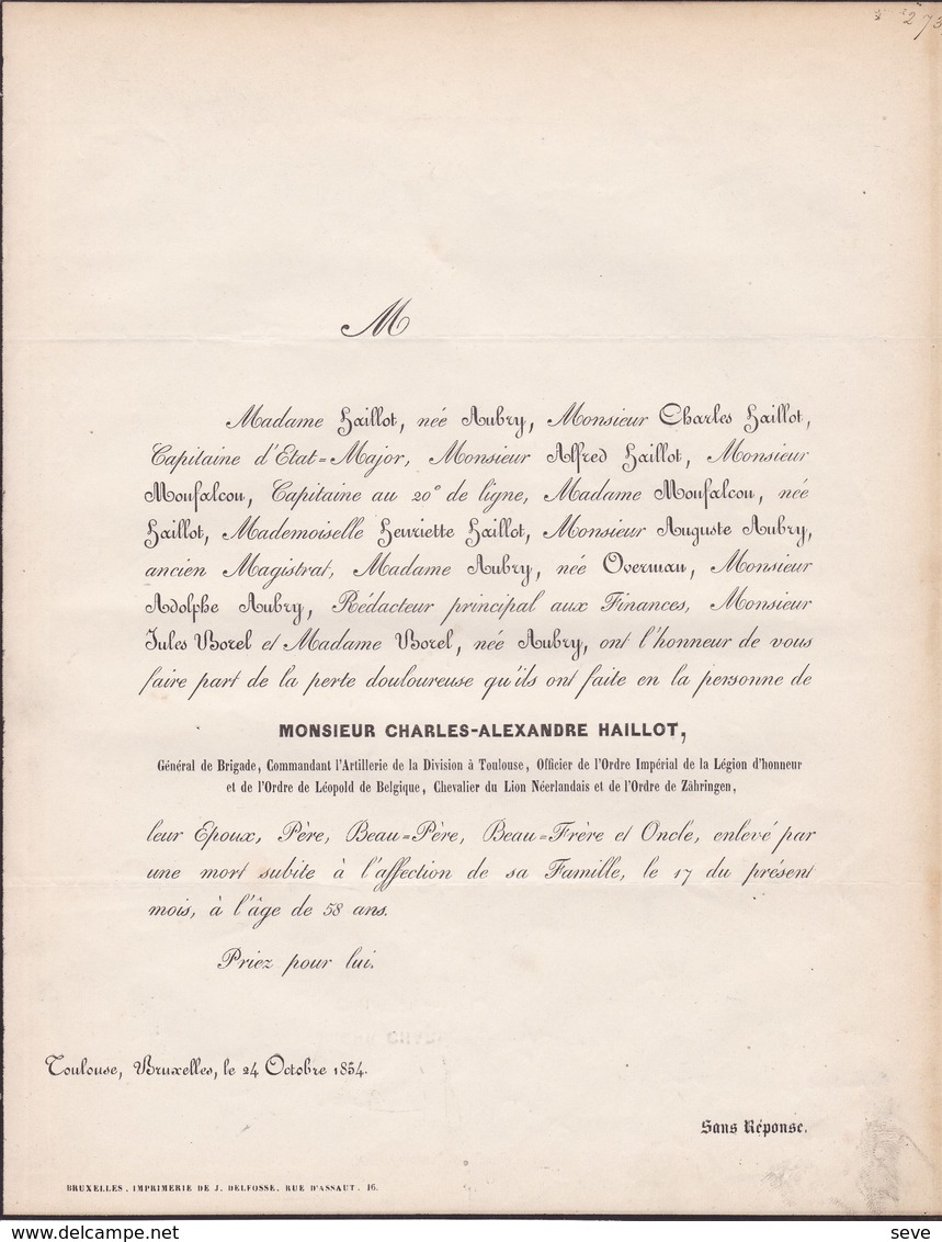 TOULOUSE BRUXELLES Charles-Alexandre HAILLOT Général De Brigade Officier Ordre Impérial Légion D'Honneur  1854 58 Ans - Décès