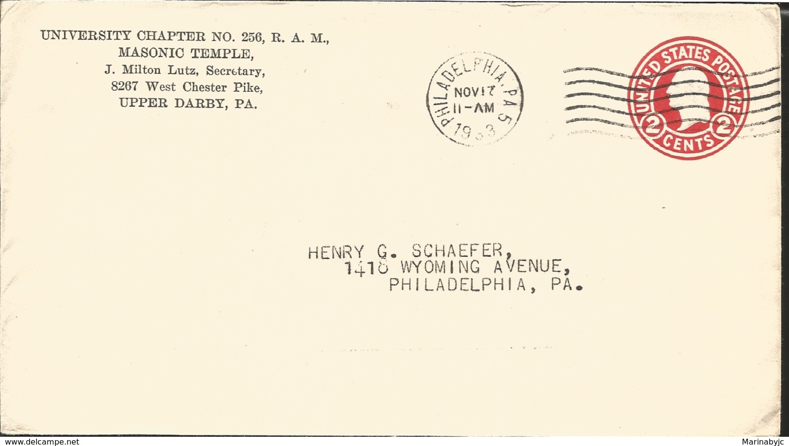 J) 1983 UNITED STATES, MASONIC GRAND LODGE, UNIVERSITY CHAPTER N°256 R&AM, MASONIC TEMPLE, WASHINGTON, POSTAL STATIONARY - Covers & Documents