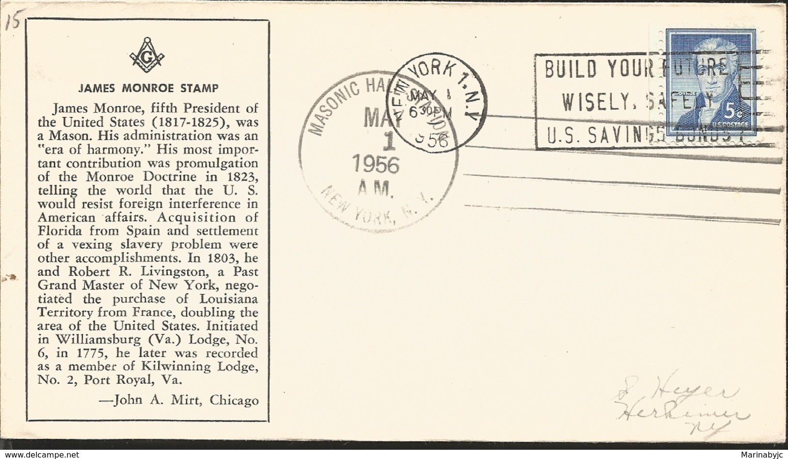 J) 1956 UNITED STATES, MASONIC GRAND LODGE, JAMES MONROE STAMPS, WITH SLOGAN CANCELLATION, FDC - Covers & Documents