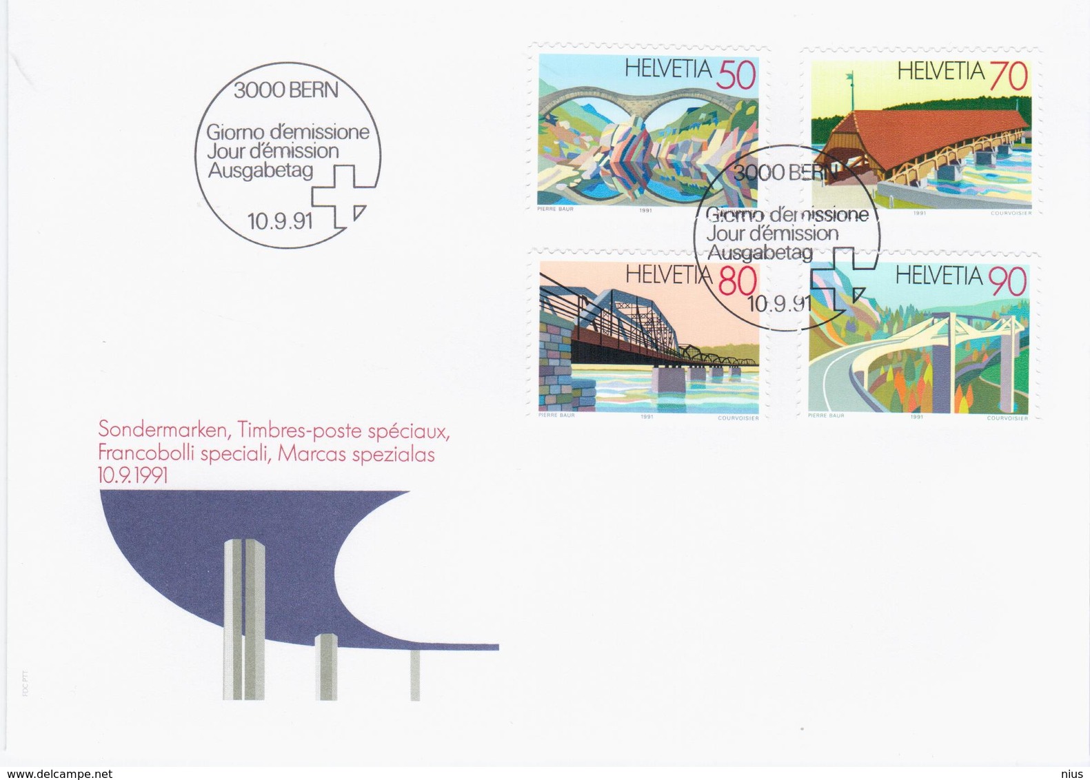 Switzerland Swiss Schweiz Svizzera Helvetia 1991 FDC Bridge Bridges - FDC