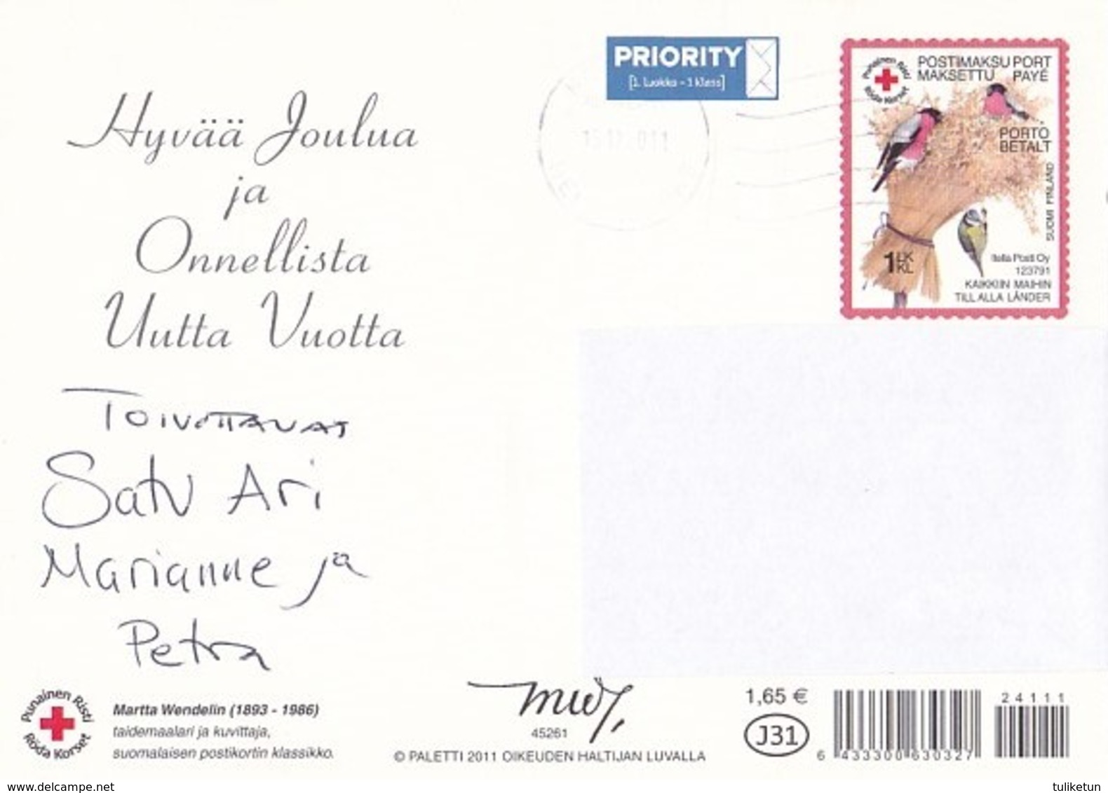 Postal Stationery - Birds - Bullfinches - Angel Holding A Flower - Red Cross 2011 - Suomi Finland - Postage Paid - Entiers Postaux