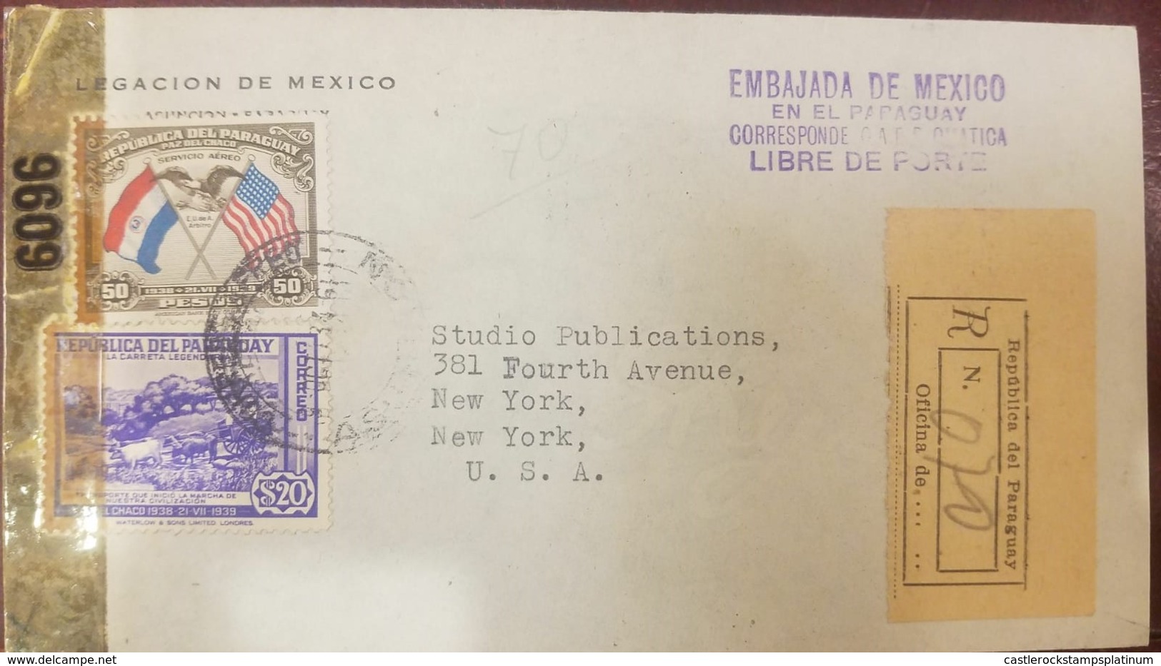 O) 1939 CIRCA - PARAGUAY, OXCART  -EL CHACO $20, FLAG 50c, CENSORSHIP, EMBAJADA DE MEXICO EN EL PARAGUAY- LIBRE DE PORTE - Paraguay