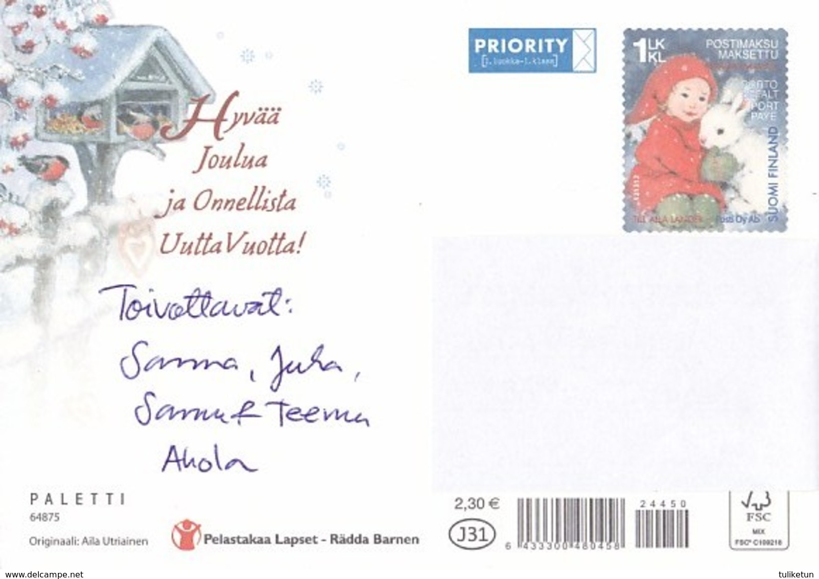 Postal Stationery - Birds - Bullfinches - Angels Bringing Presents - Cat - Save The Kids - Suomi Finland - Postage Paid - Entiers Postaux