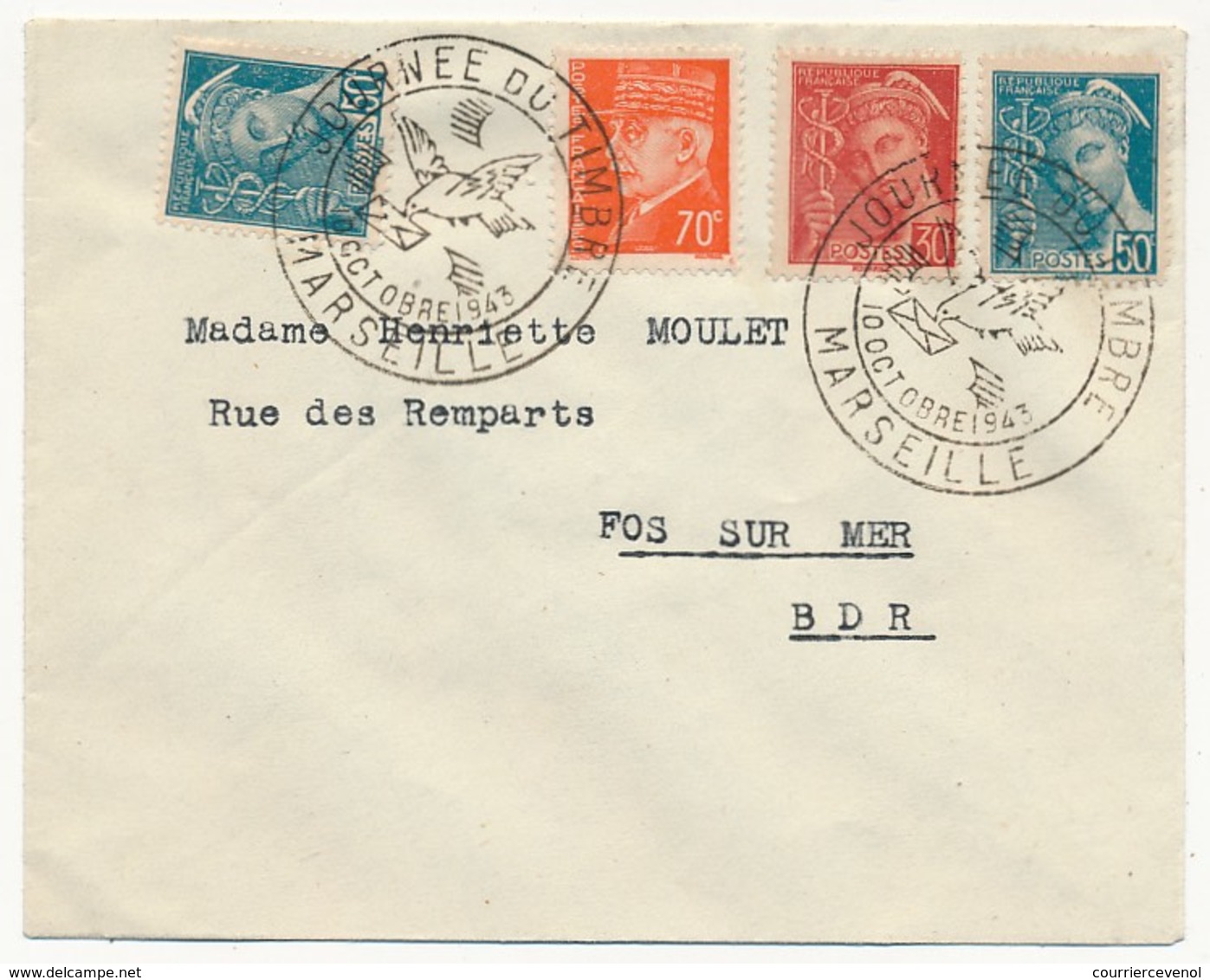 FRANCE => Enveloppe - Cachet "Journée Du Timbre MARSEILLE" 10 Octobre 1943 - Affr Composé Pétain / Mercure - Lettres & Documents