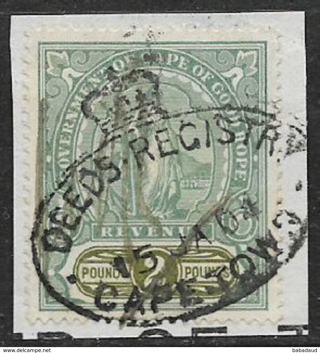 South Africa, CoGH 1898, Hope Standing, £2 Revenue, Used, Corwned Oval,  DEEDS REGISTRY CAPE TOWN15 JA 04,on Fragment - Cape Of Good Hope (1853-1904)