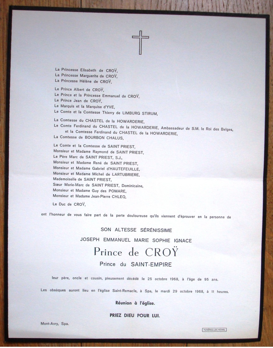 Faire-part Du Décès De SAS Joseph Prince De CROY Prince Du Saint-Empire. - Spa, 1958. - Décès