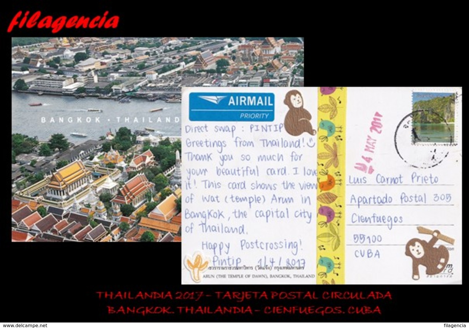 ASIA. THAILANDIA. ENTEROS POSTALES. TARJETA POSTAL CIRCULADA 2017. BANGKOK. THAILANDIA-CIENFUEGOS. CUBA. PAISAJES - Tailandia