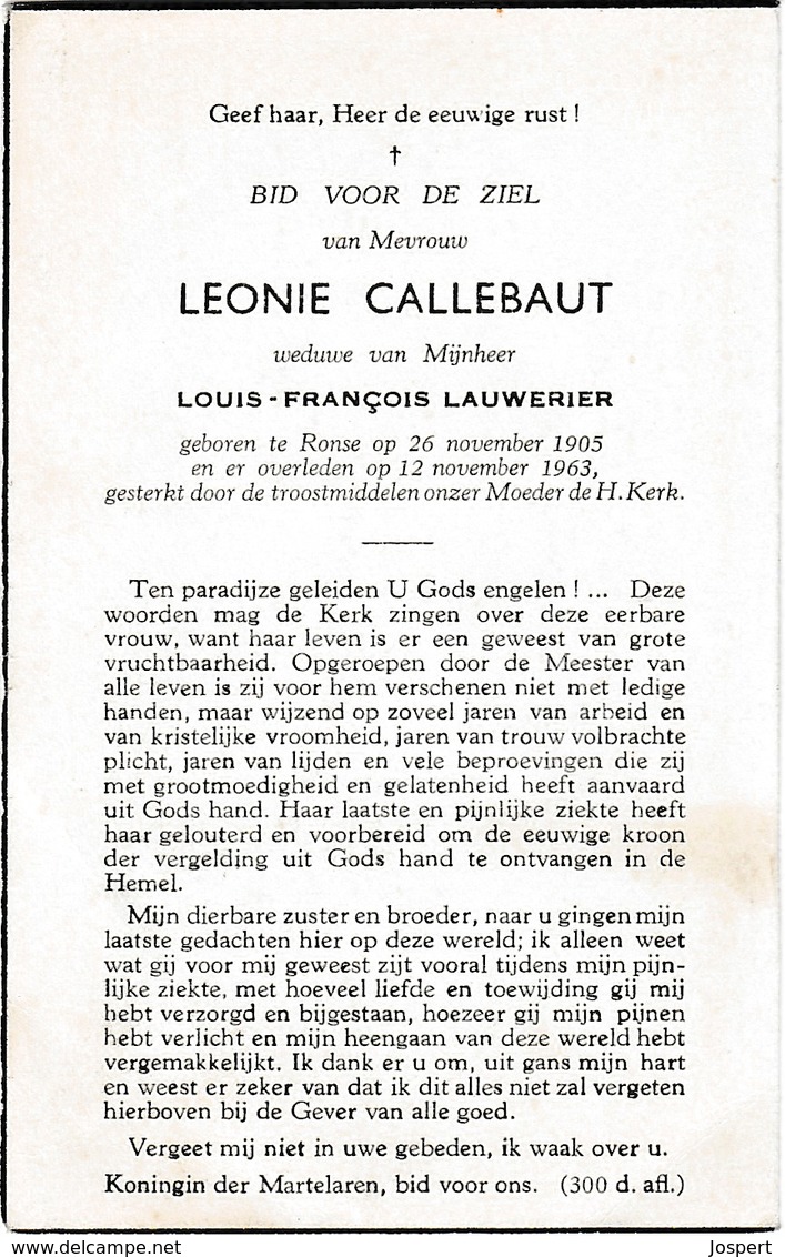 Ronse, 1963, Leonie Callebaut,Lauwerier, - Devotion Images