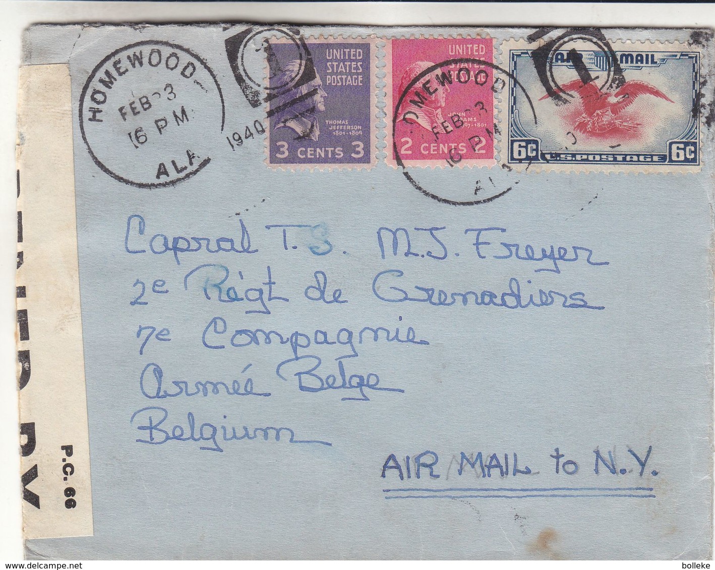 Etats Unis - Lettre De 1940 - Oblit Homewood - Exp Vers La Belgique - Armée Belge - Avec Censure - Oiseaux - Lettres & Documents