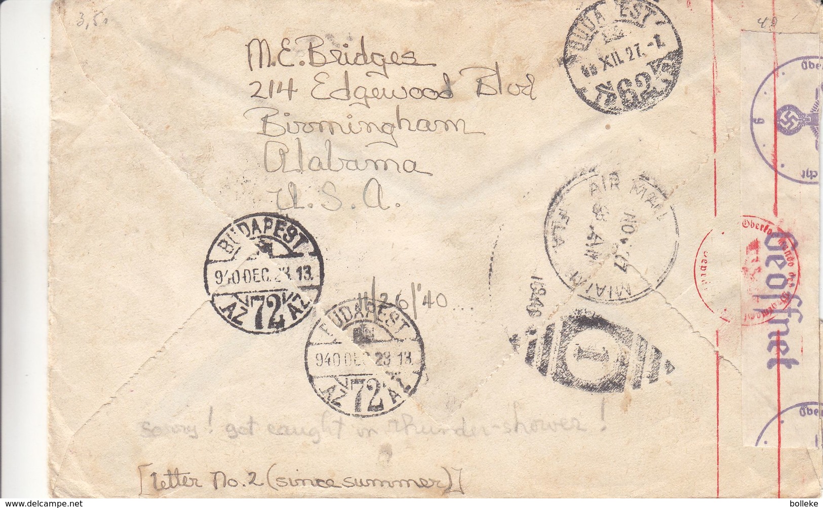 Etats Unis - Lettre De 194 - Oblit Homewood - Exp Vers La Budapest - Exp Par Erreur Vers Miami - Avec Censure - Oiseaux - Lettres & Documents