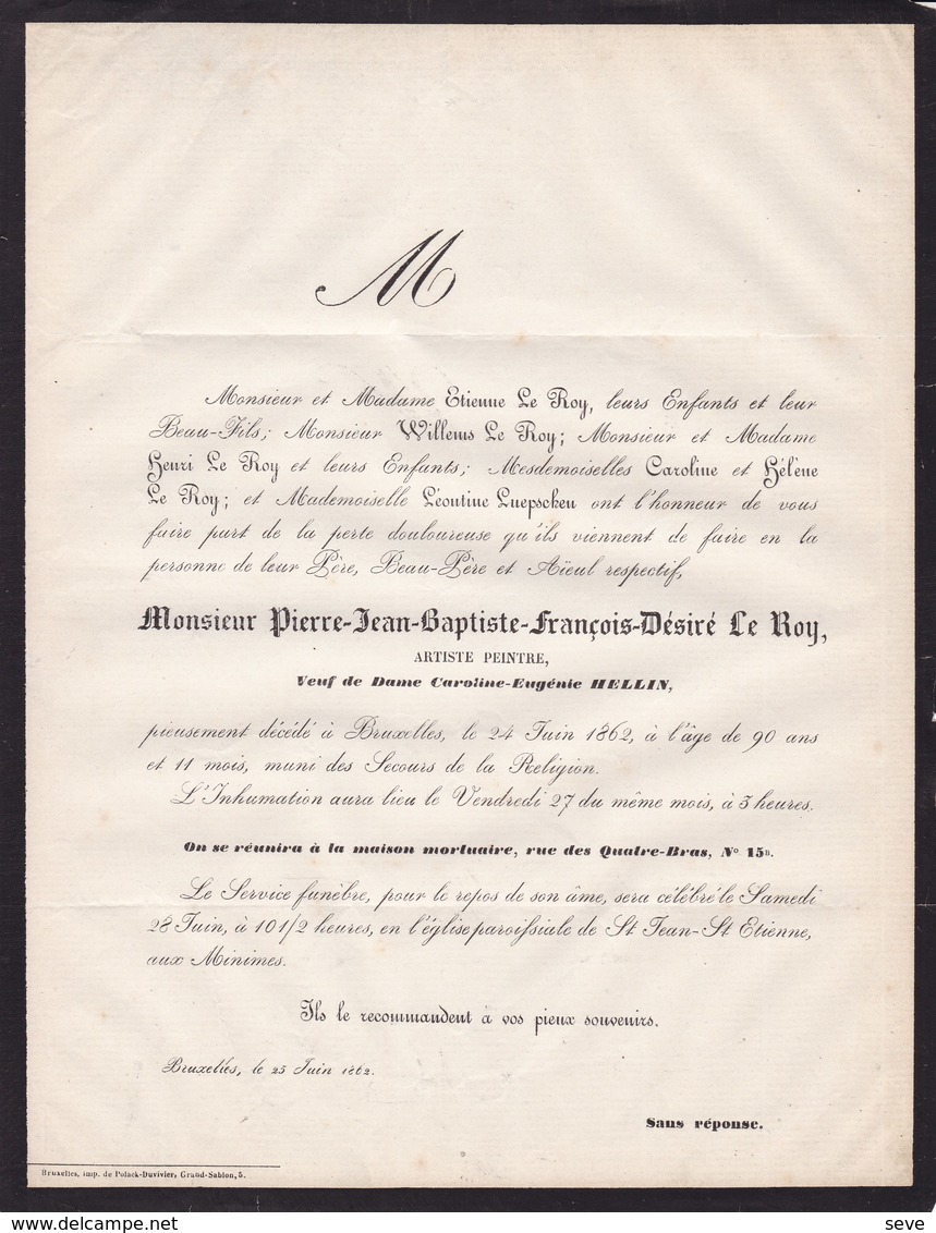 BRUXELLES Pierre Jean-Baptiste  LE ROY Veuf HELLIN Artiste-peintre 90 Ans 1862  QUEPSCHEN - Décès