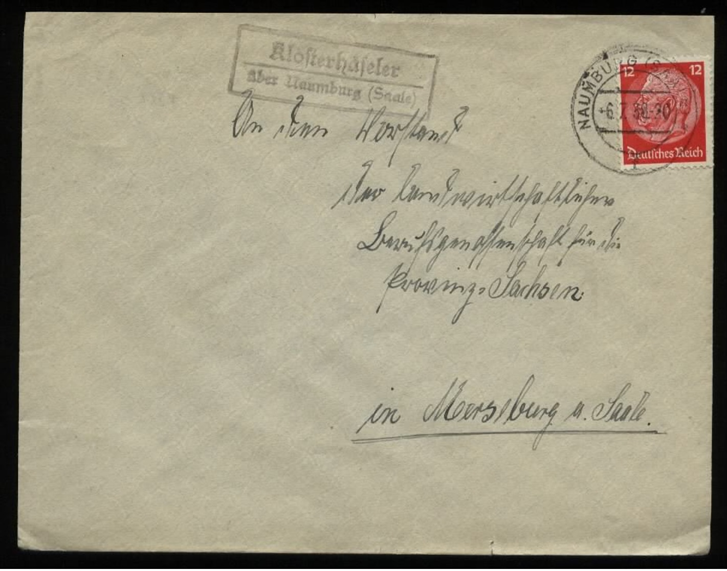 WW II DR Briefumschlag : Gebraucht Mit Landpoststempel Klosterhäseler über Naumburg - Merseburg 1938 , Bedarfserhaltun - Covers & Documents