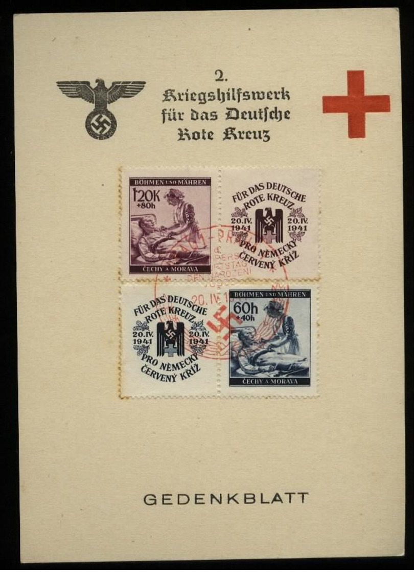 WW II DR Böhmen Und Mähren Gedenkblatt Karte Rotes Kreuz: Gebraucht Mit Hitler Geburtstag Sonderstempel Prag 20.4.1941 - Brieven En Documenten