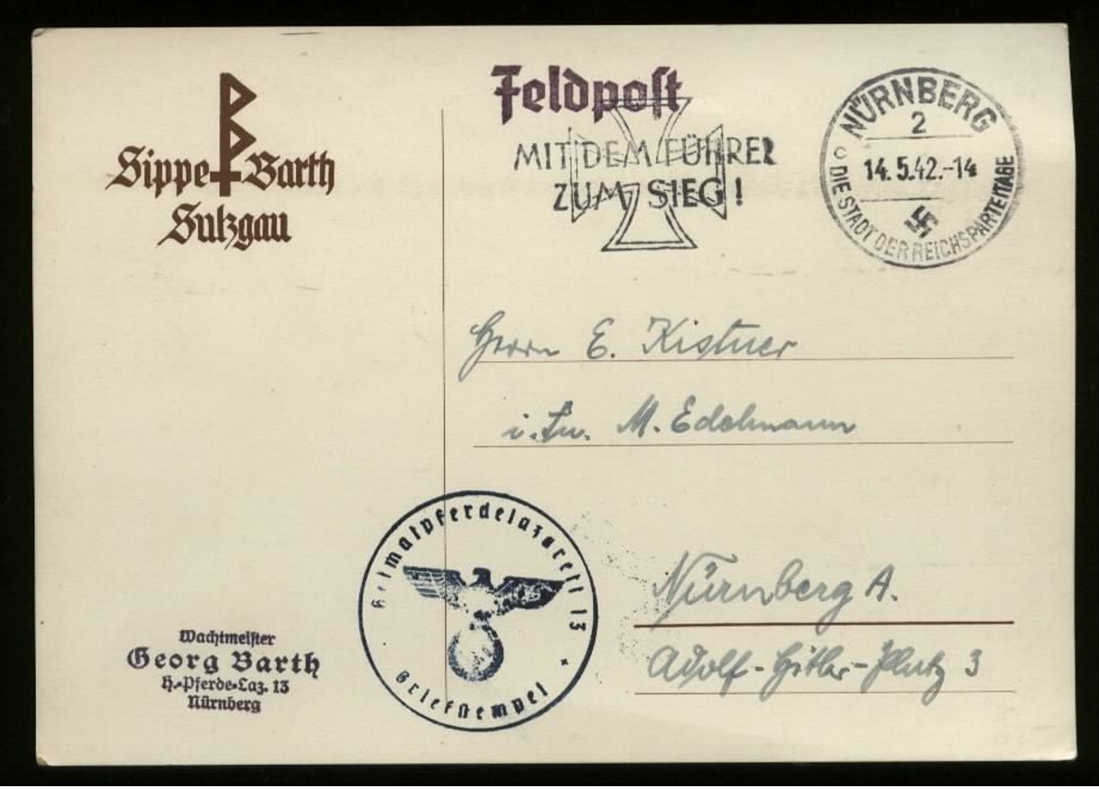 WW II DR Feldpost Postkarte Pferdelazarett 13: Gebraucht Mit Werbestempel Eisernes Kreuz , Mit Dem Führer Zum Sieg , N - Lettres & Documents