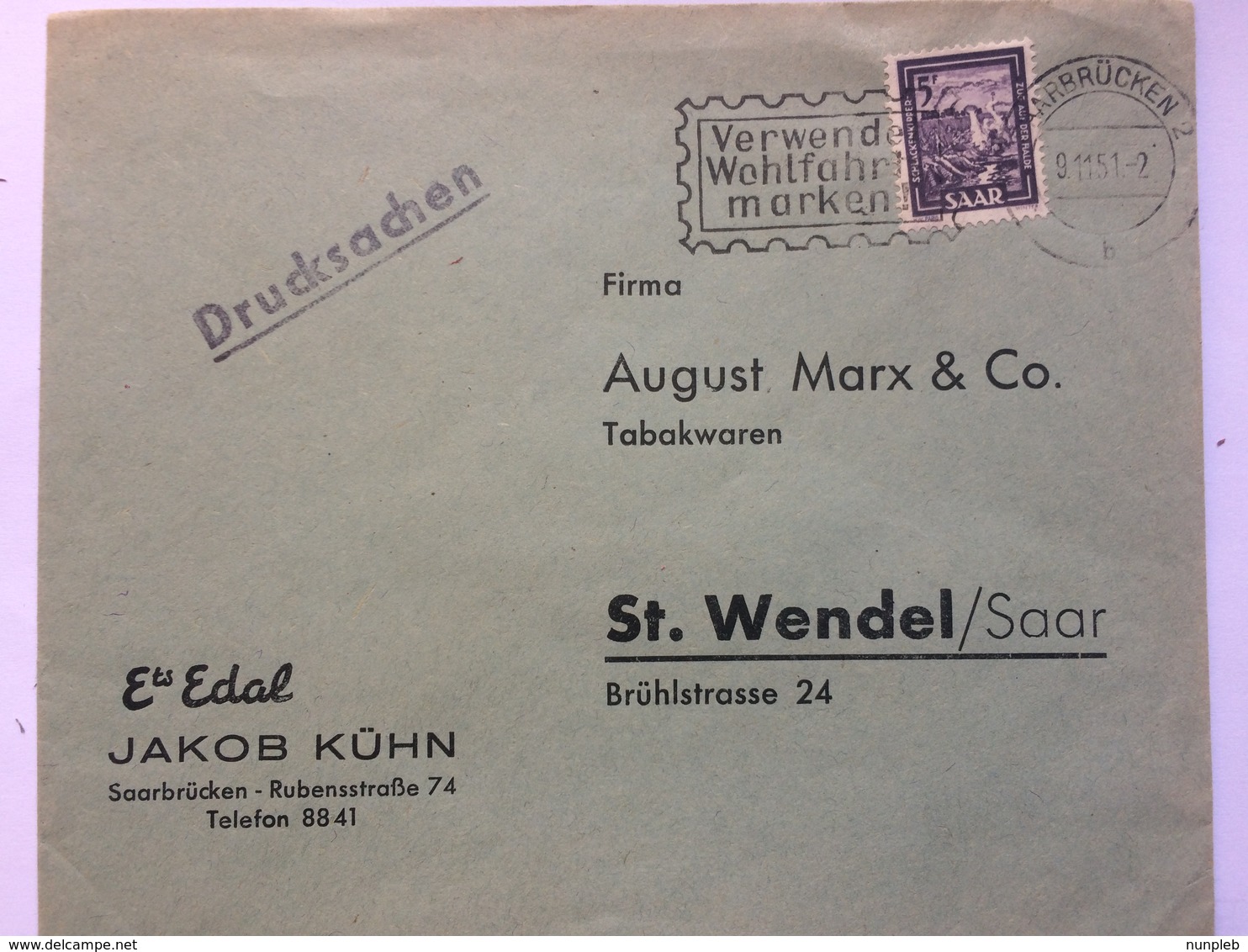 SAAR 1951 Drucksache Cover Saarbrucken To St. Wendel - Jakob Kuhn  - Slogan Postmark - Covers & Documents