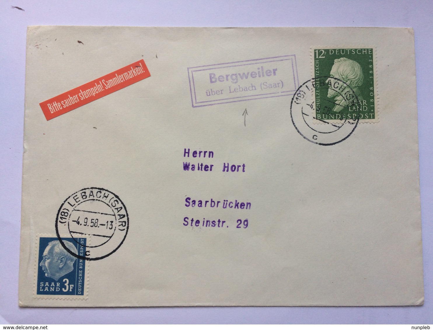 SAAR 1958 Cover Lebach To Saarbrucken With `Bergweiler Uber Lebach` Cachet - Covers & Documents