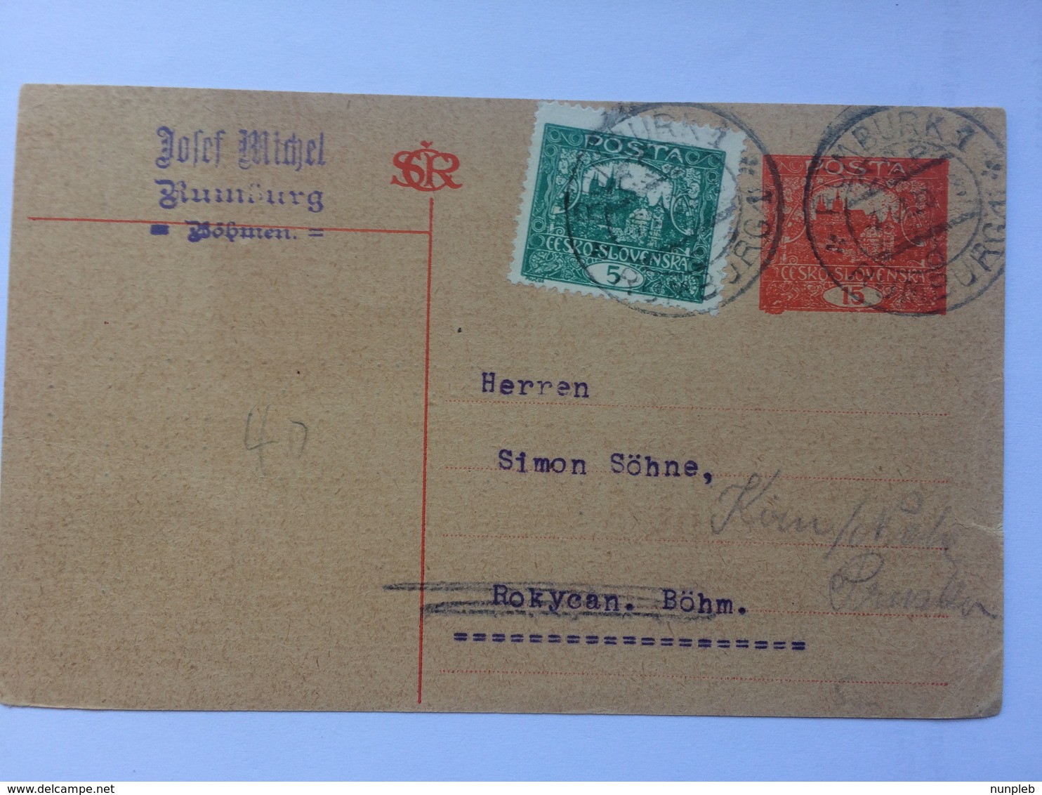 CZECHOSLOVAKIA 1920 Postcard Rumburg To Rokycan Re-directed - Covers & Documents