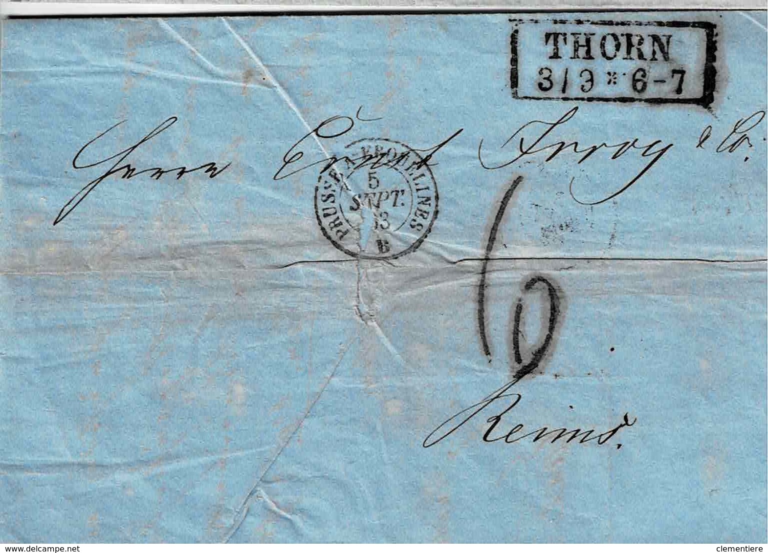 Lettre En Allemand De Thorn Pour Reims, Cachet Noir D'entrée De Prusse à Erquelines - Préphilatélie