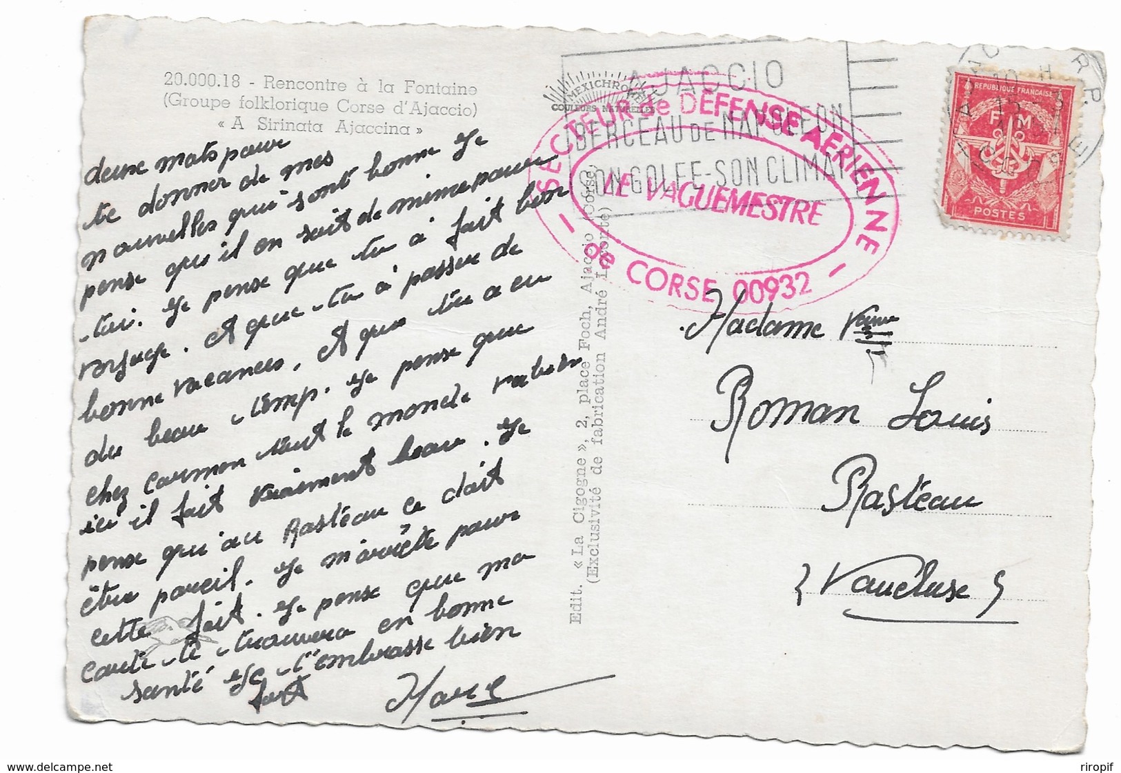 Cachet Secteur De Defense Aerienne De Corse  Le Vaguemestre Sur C P - Military Postmarks From 1900 (out Of Wars Periods)