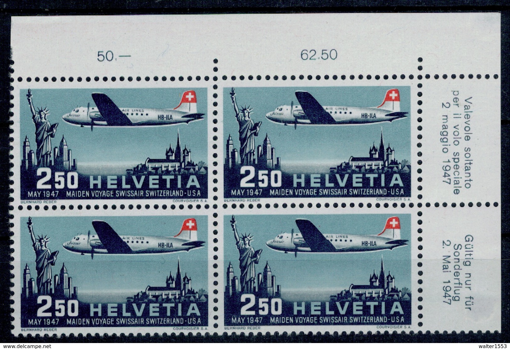 SVIZZERA SWITZERLAND SUISSE SCHWEIZ HELVETIA 1947 Air Mail Block Of 4  2,50fr ** MNH UNIF.A41 - Nuovi