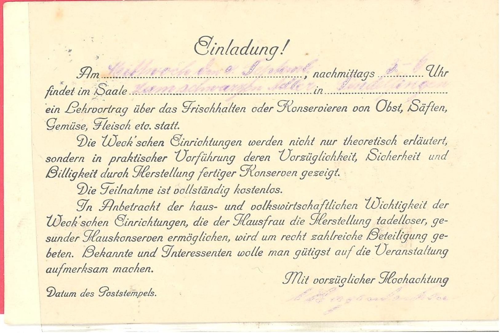 Reich Einladung Weck' Konserven-Glaser U.  Weck' Sterilisier-Apparate  Postkarte 1919 - Sonstige & Ohne Zuordnung