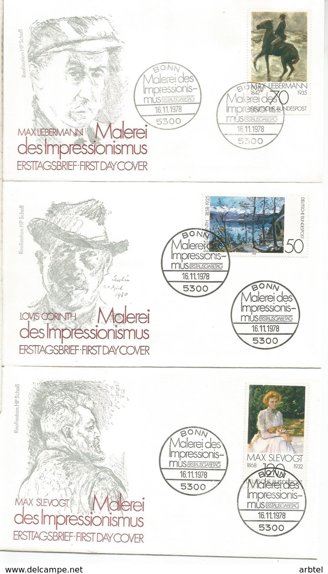 ALEMANIA FDC 1978 ARTE PINTURA IMPRESIONISMO MAX LIBERMANN MAX  SLEVOGT IOVIS CORINTH - Impresionismo