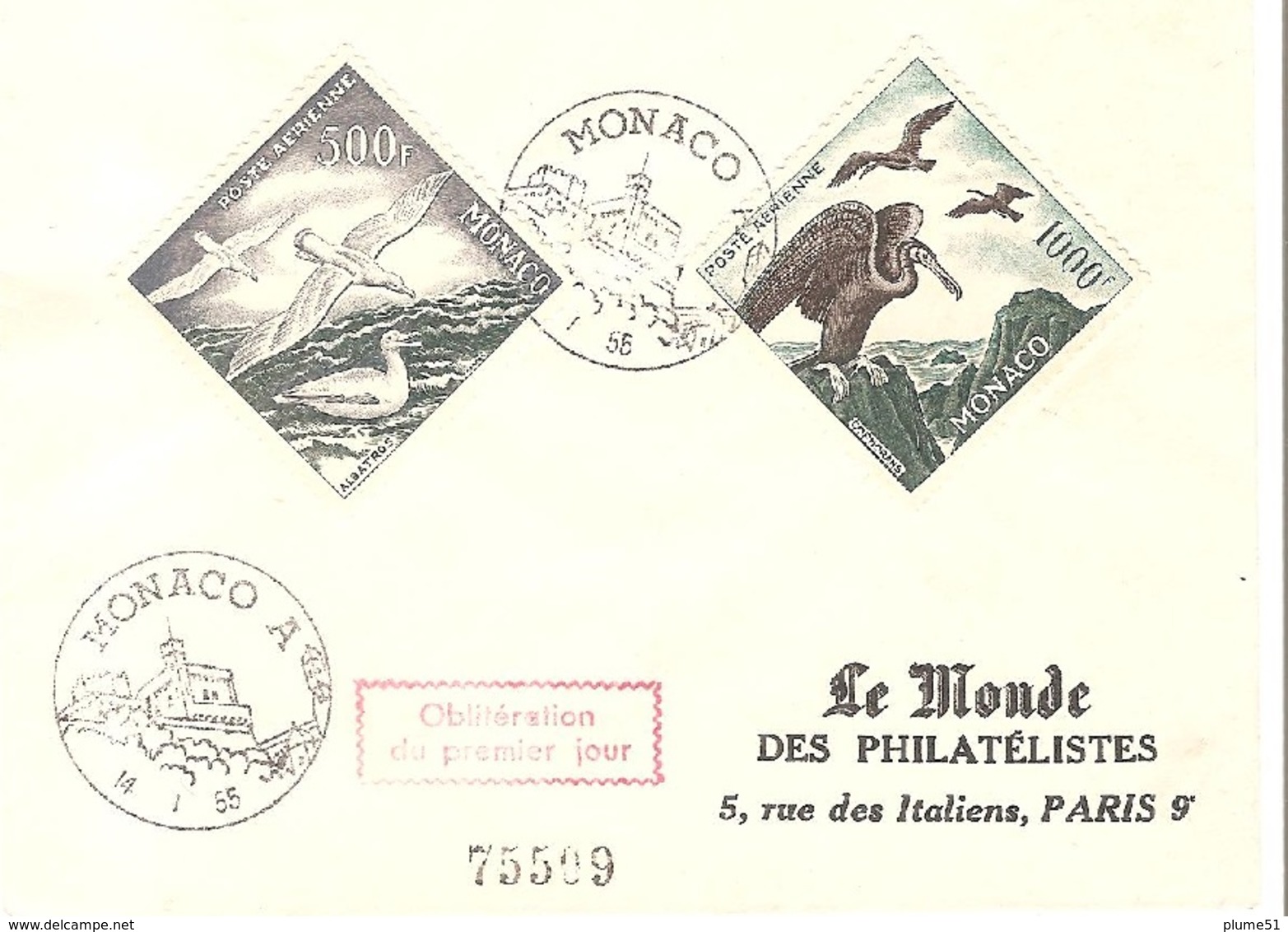 MONACO Lettre 1er Jour 1955 Poste Aérienne Les Oiseaux Albatros Et Cormoran - 028 - Covers & Documents