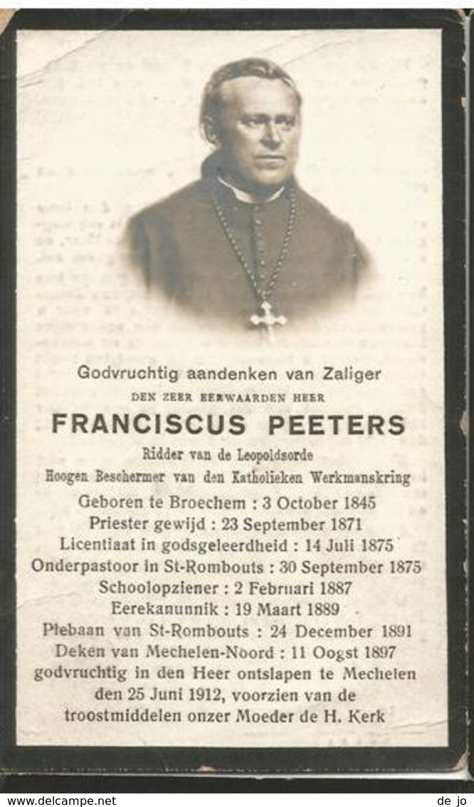 PEETERS Franciscus °1845 Broechem +1912 Mechelen St-Rombouts Deken Doodsprentje / Image Mortuaire / Immaginetta - Religion & Esotérisme