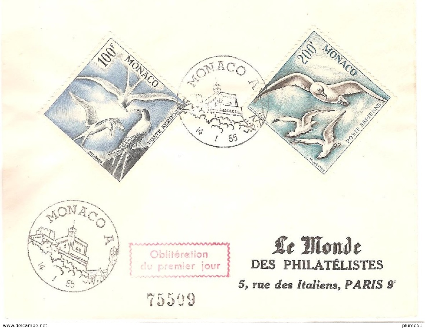 MONACO Lettre 1er Jour 1955 Poste Aérienne Les Oiseaux Sternes Et Mouettes - 027 - Covers & Documents