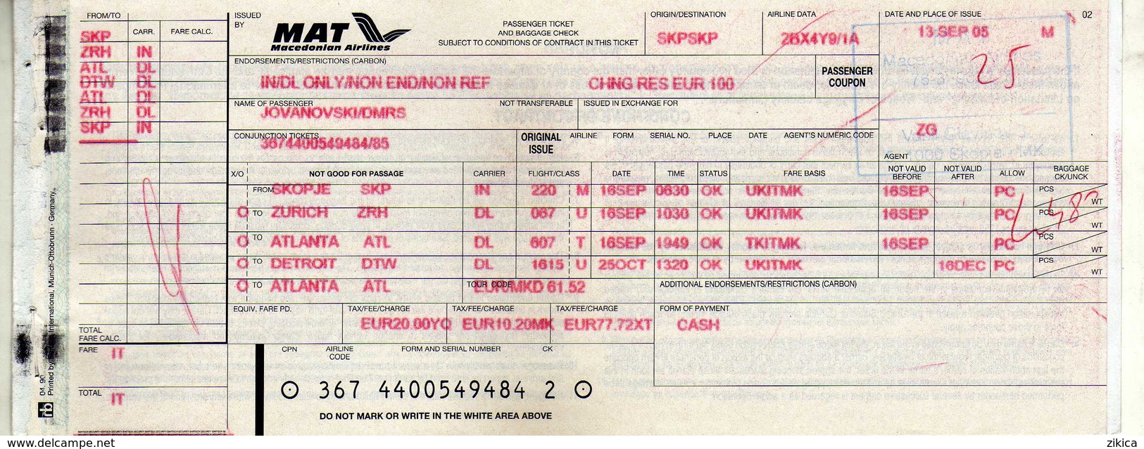 Græder gå på indkøb Ashley Furman Tickets - MAT - Macedonian Airlines.Macedonia.Passenger Ticket.Skopje -  Zurich - Atlanta - Detroit - Atlanta - Zurich - Skopje
